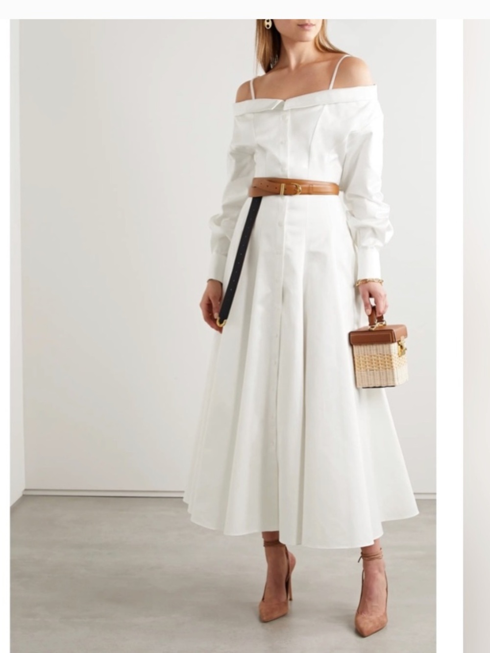 NWT Brandon Maxwell Off-Shoulder White Sz 6 Long Sleeve Cotton Midi Shirtdress - Picture 3 of 9